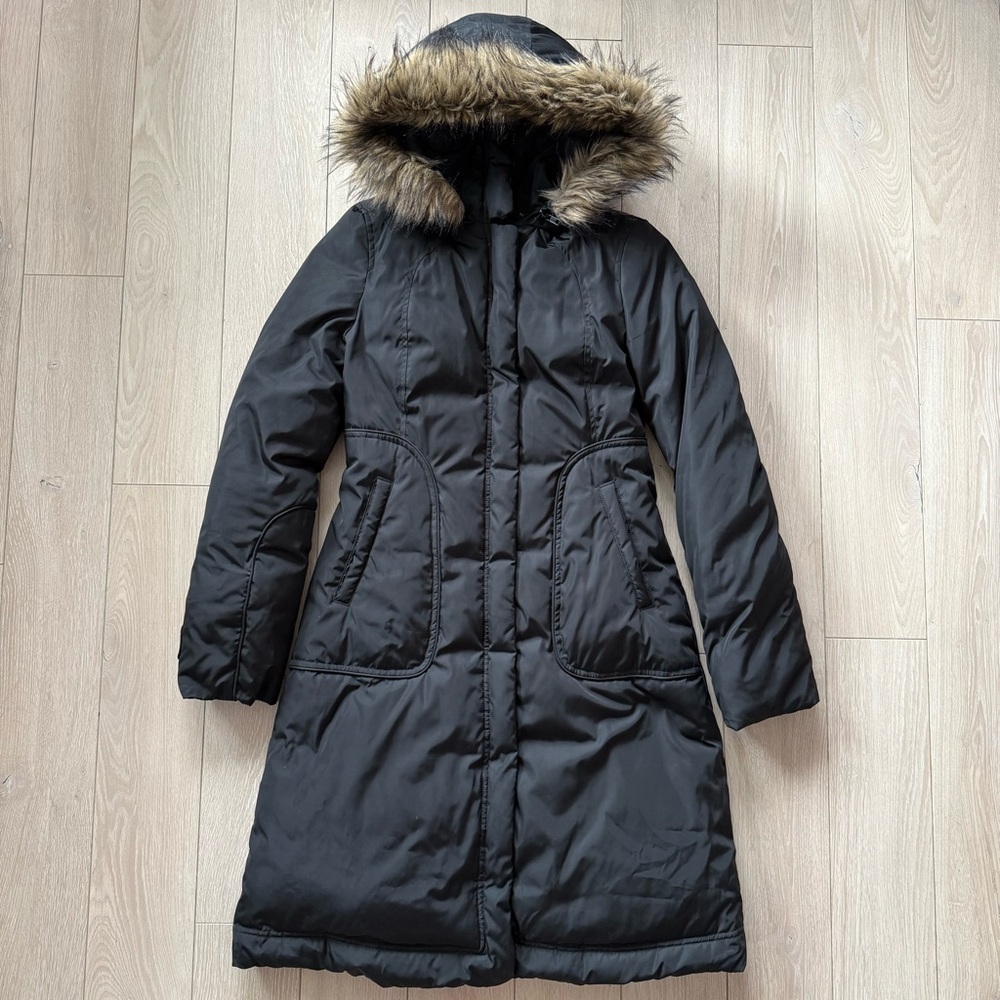 Soia & Kyo Black Down Puffer Lightweight Hooded Parka Jacket Sz XS Mid Length